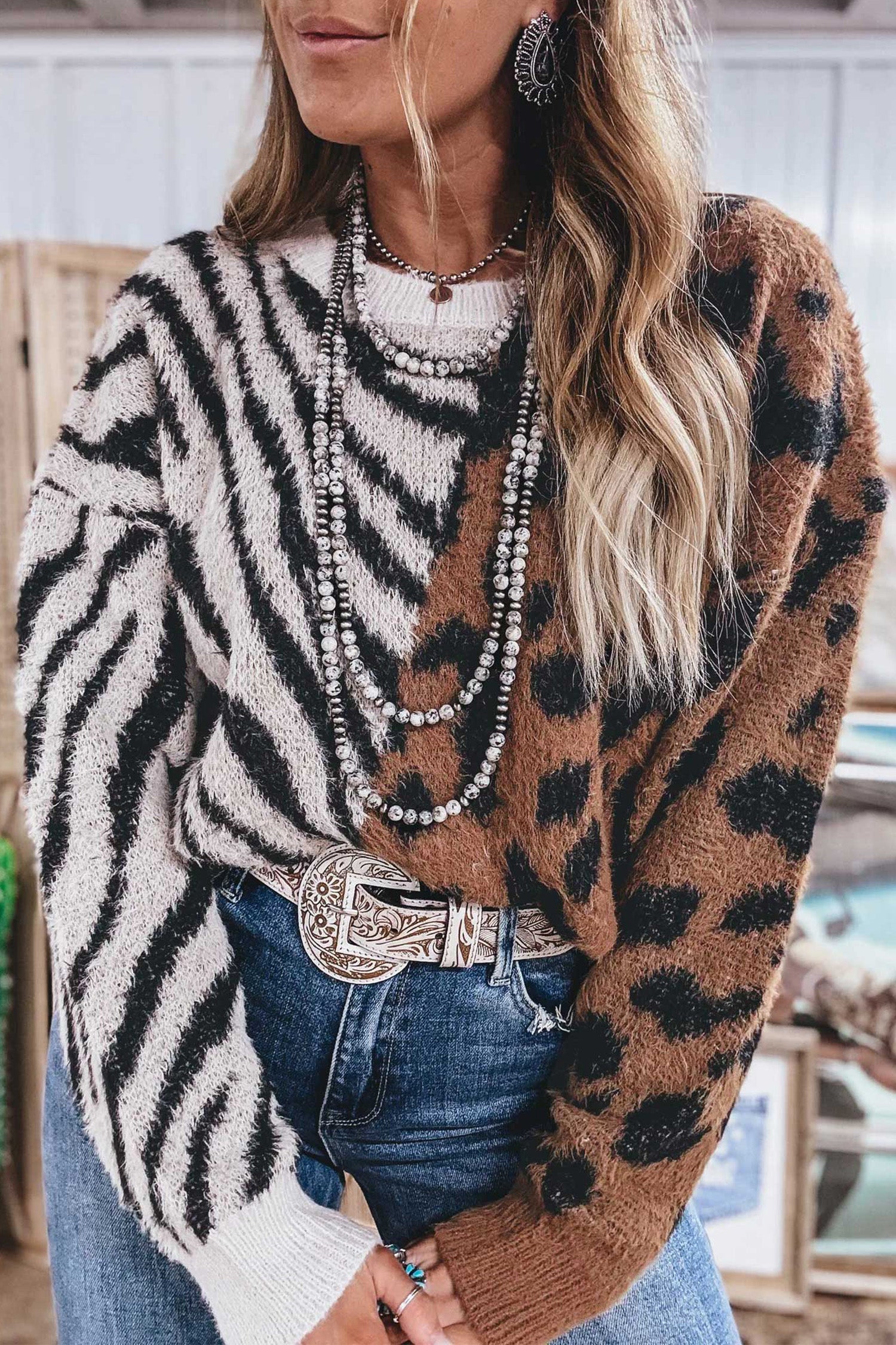 Western Leopard Zebra Print Long Sleeve Round Neck Sweater – Coffee