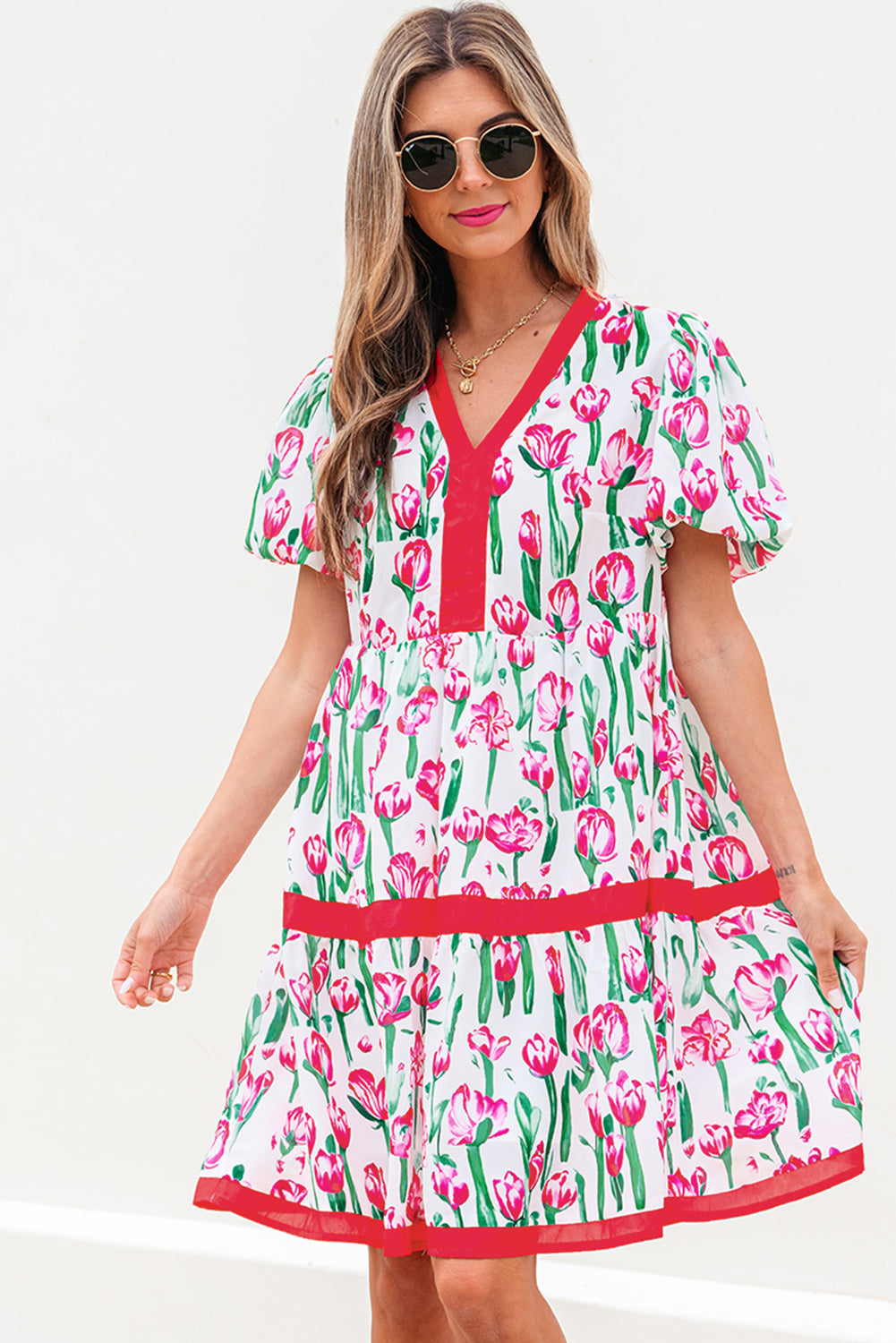 Pink Floral Print Contrast Trim V Neck Bubble Short Sleeve Babydoll Dress eAura