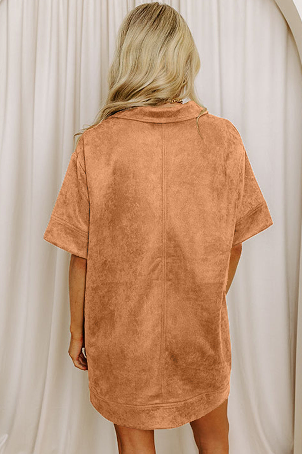 Collared V-Neck Faux Suede Short Sleeve Shift Mini Dress - eAura