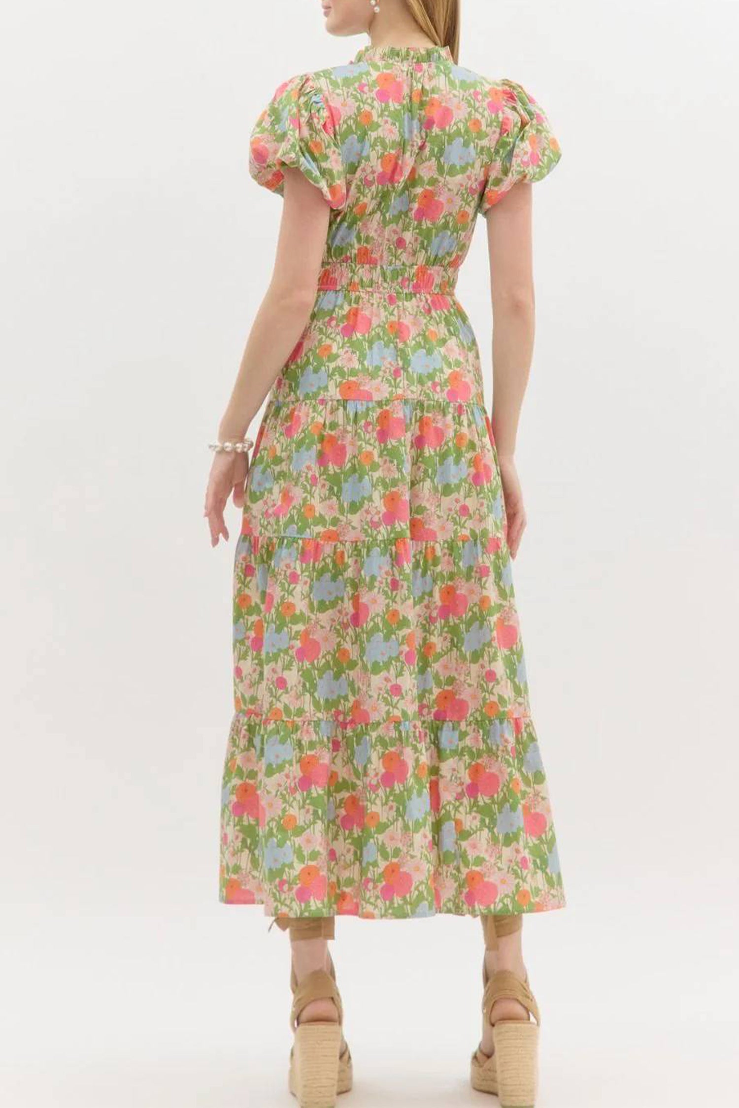 Floral Print V-Neck Short Puff Sleeve Maxi Dress