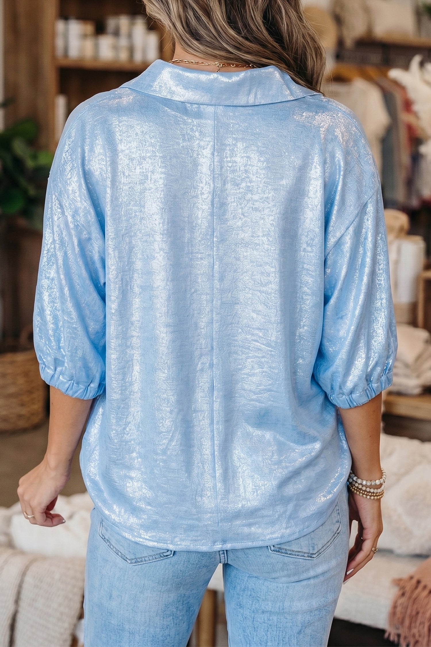 Collared V-Neck Half Sleeve Metallic Top