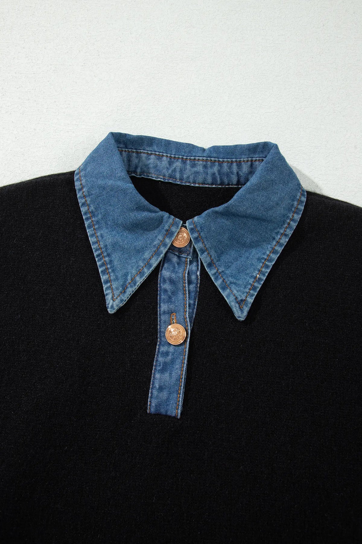 Denim Patchwork Collar Cuffed Casual Sweater – Black