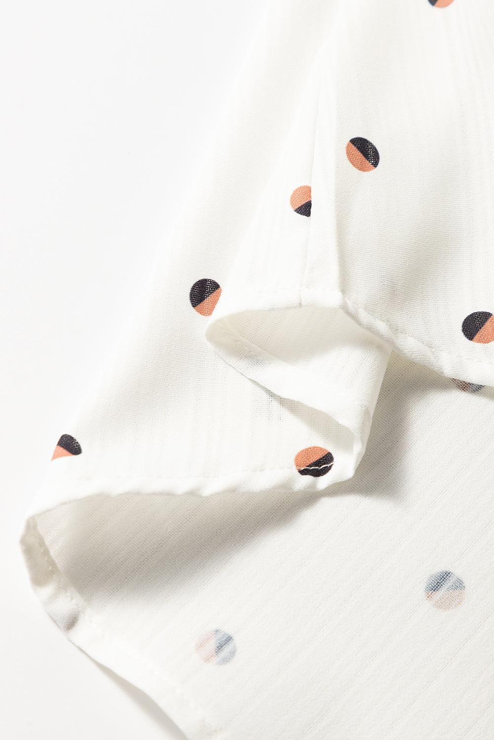 White Polka Dot Print Ruffled Shoulder V Neck Blouse eAura
