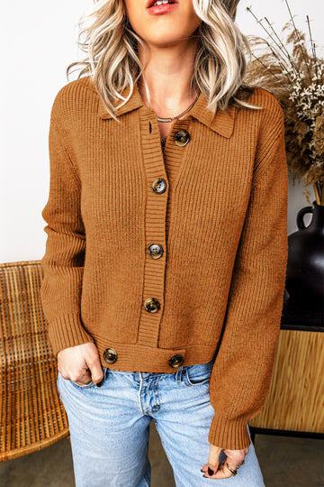 Ribbed Knit Collar Button Front Long Sleeve Cardigan – Mustard