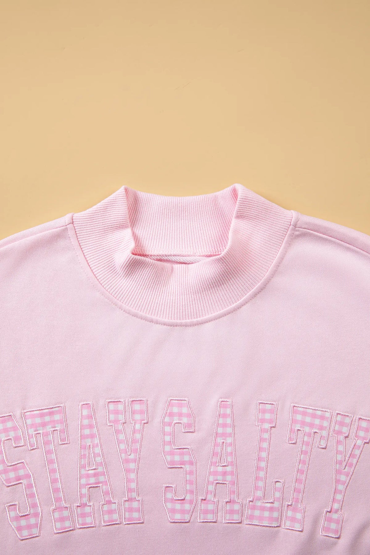 Stay Salty Embroidered Long Sleeve Stand Neck Shift Pullover Sweatshirt – Pink