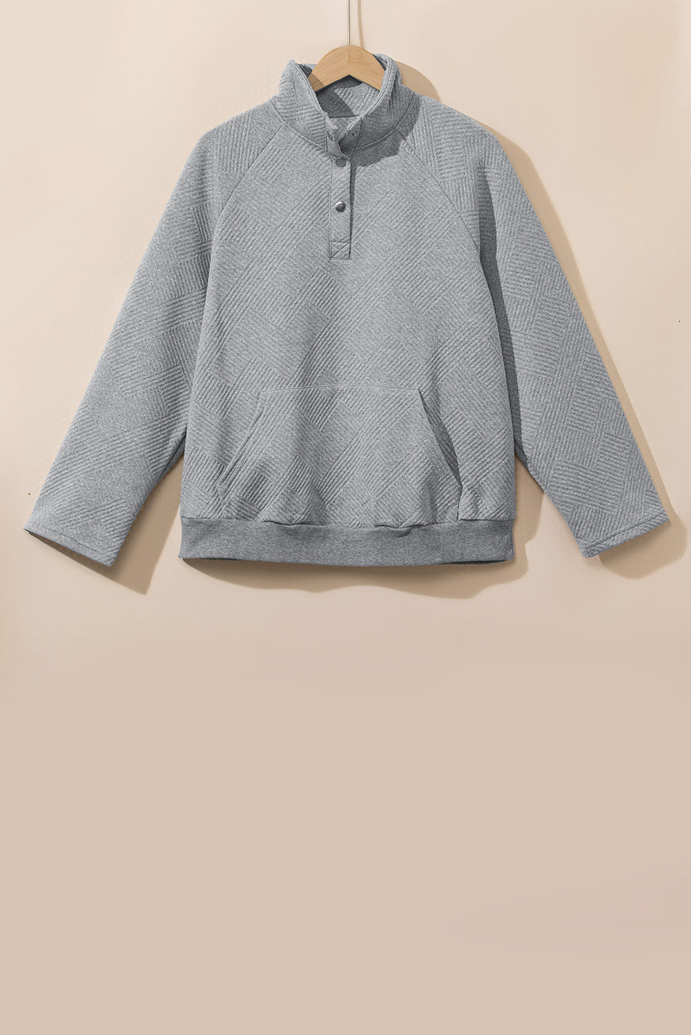 Light Grey Textured Snap Buttons Pullover Plus Size Sweatshirt BB Fashion Outlet