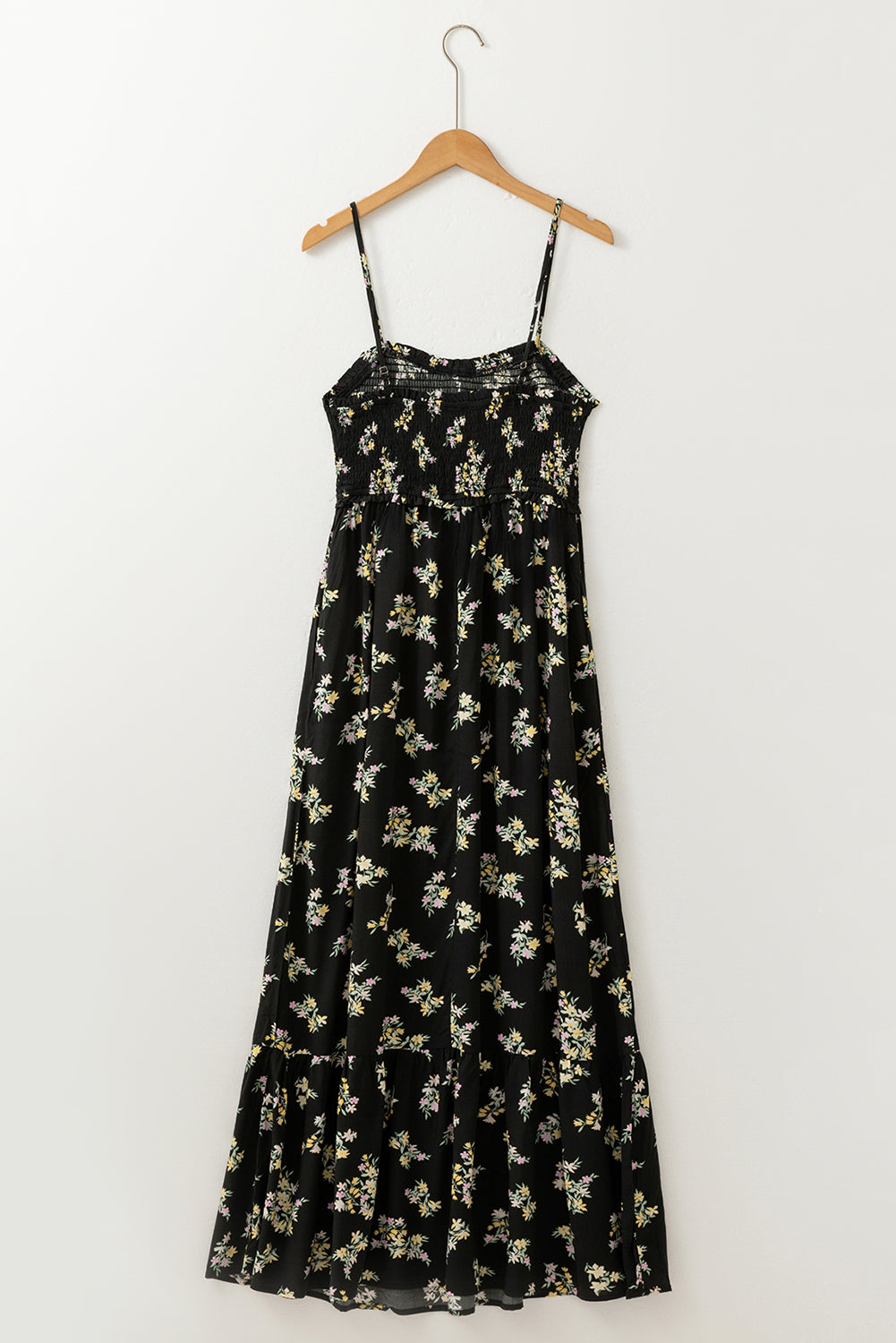Black Floral Spaghetti Strap Shirred Bodice Tied Empire Waist Maxi Dress eAura