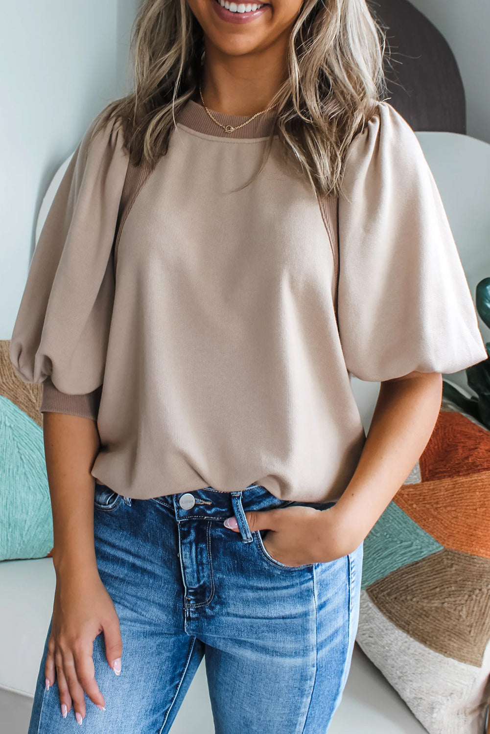 Goat Half Lantern Sleeve Solid Colour Pullover Top eAura