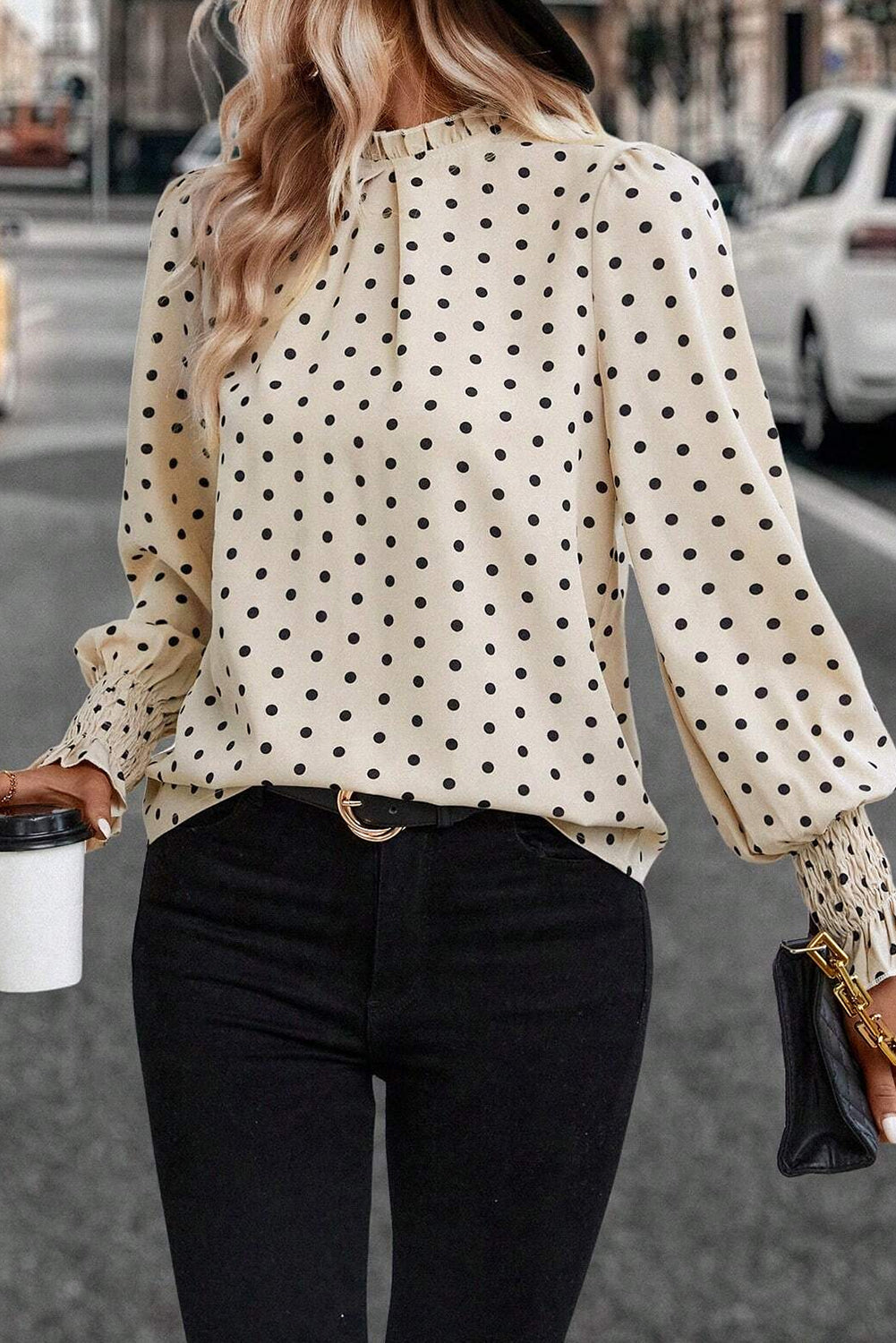 Apricot Polka Dot Print Frilled Collar Lantern Sleeve Blouse eAura