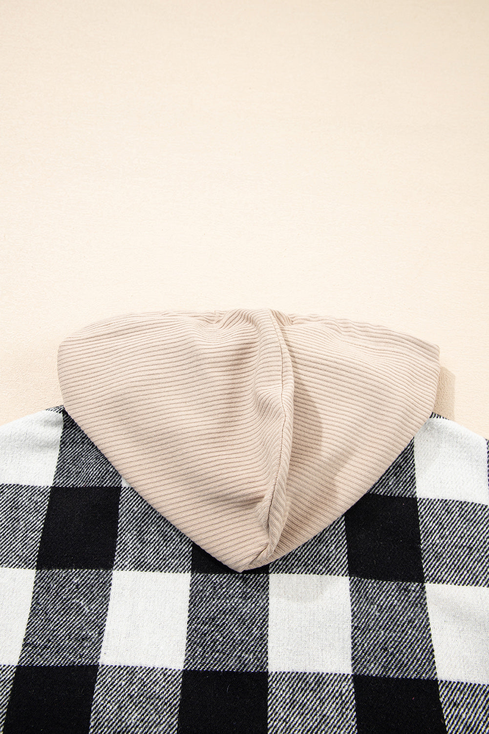Black Double Plaid Patchwork Drawstring Hooded Shacket eAura