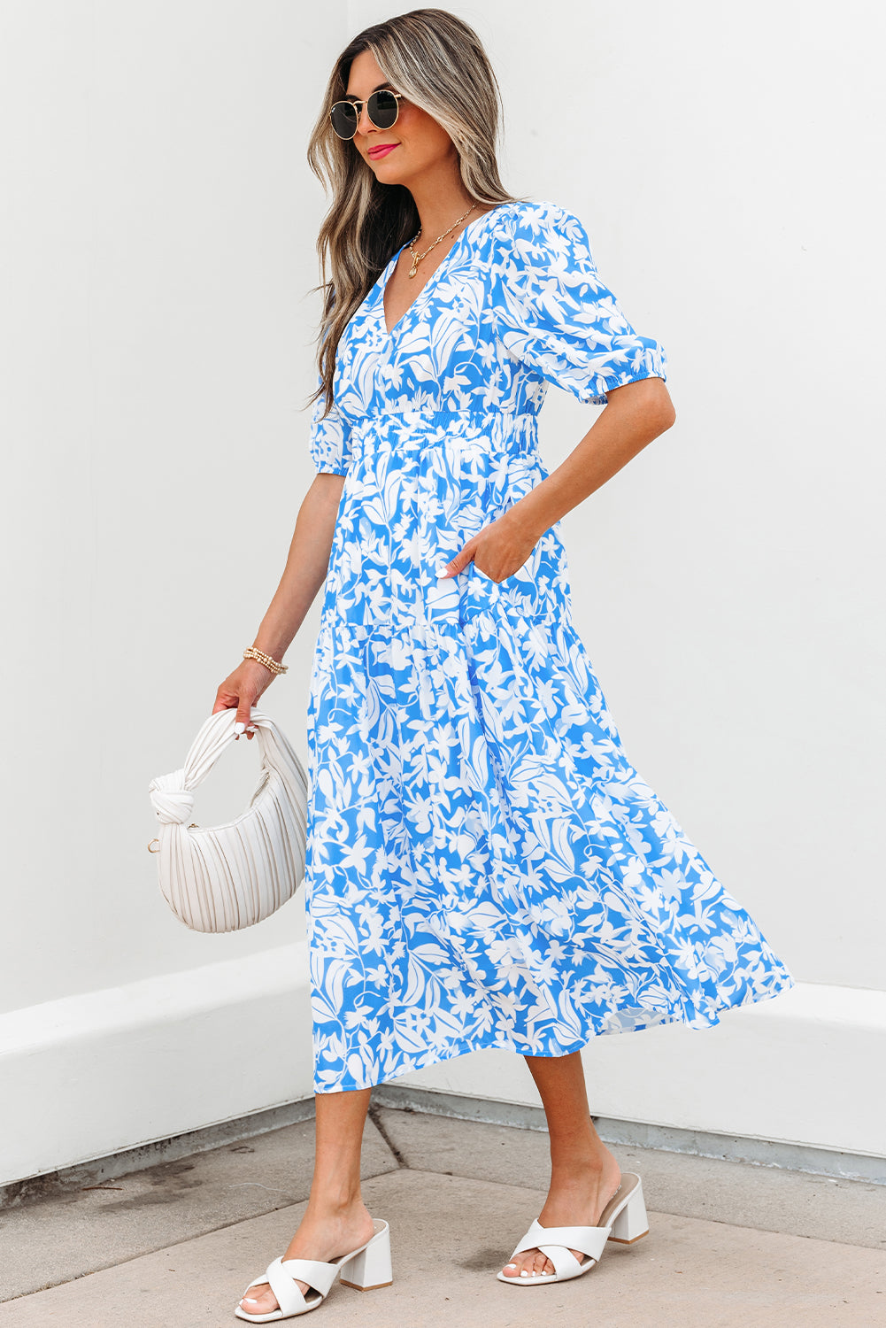 Sky Blue Floral V Neck Puff Short Sleeve Flowy Long Dress eAura