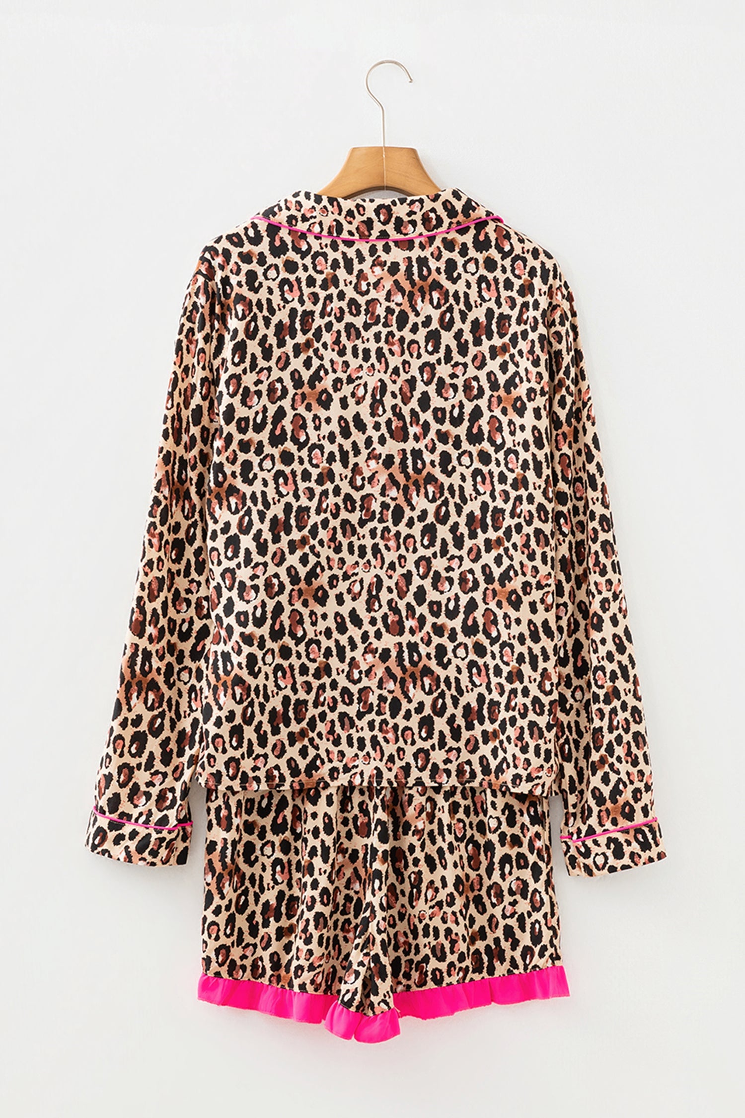 Leopard Print Contrast Trim Long Sleeve Shirt Shorts Pyjama Set - Loungewear & Sleepwear/Pyjama