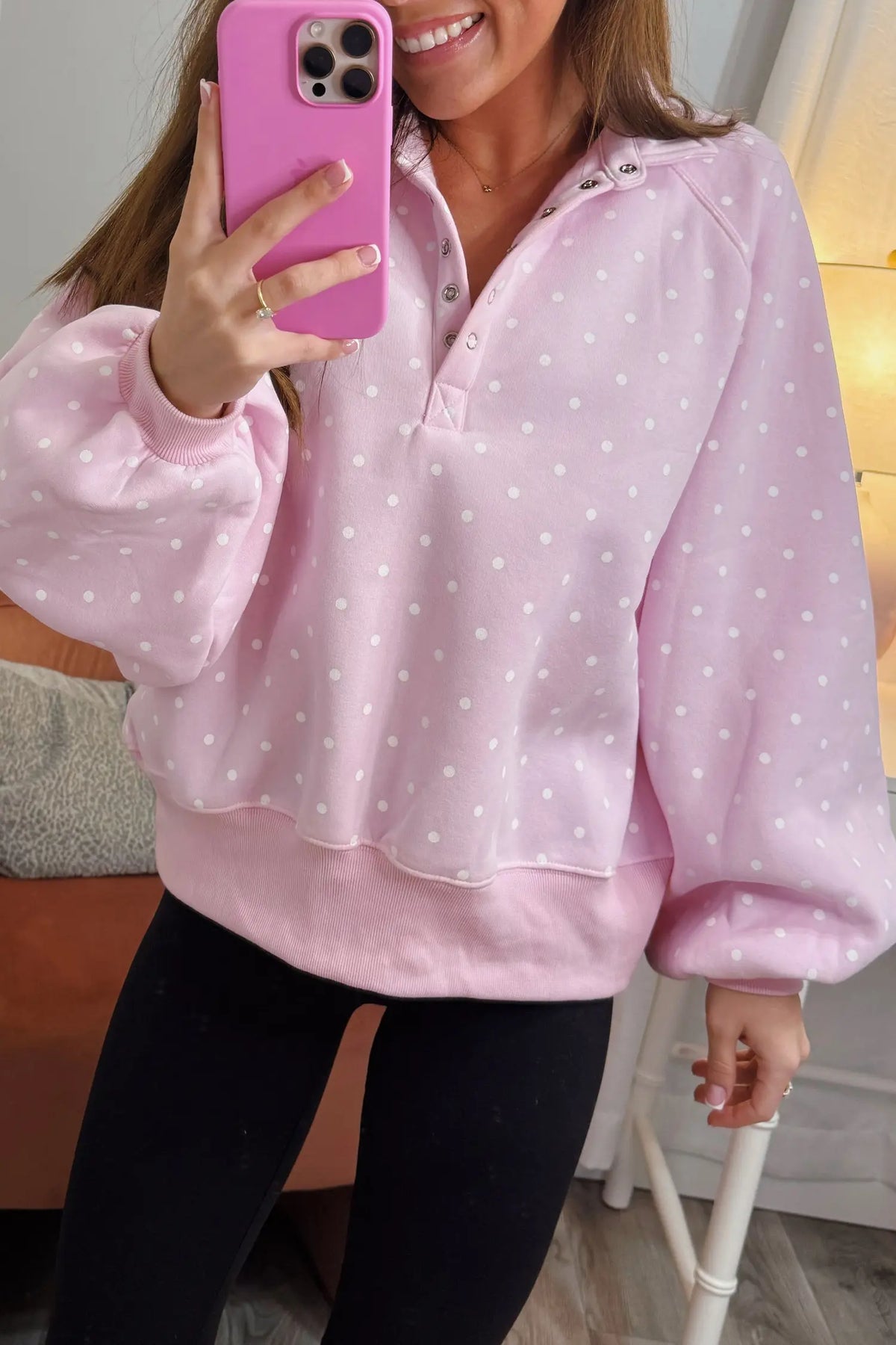 Polka Dot Print Metal Button Collar Casual Pullover Sweatshirt – Pink