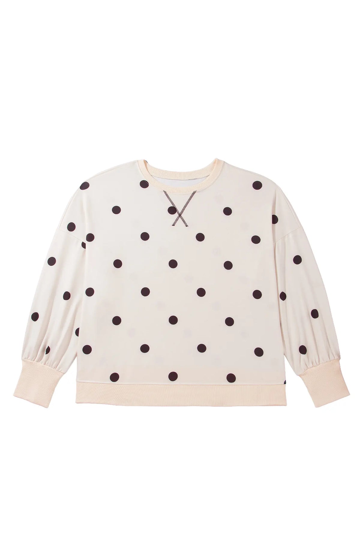 Round Neck Long Sleeve Polka Dot Plus Size Top – Beige