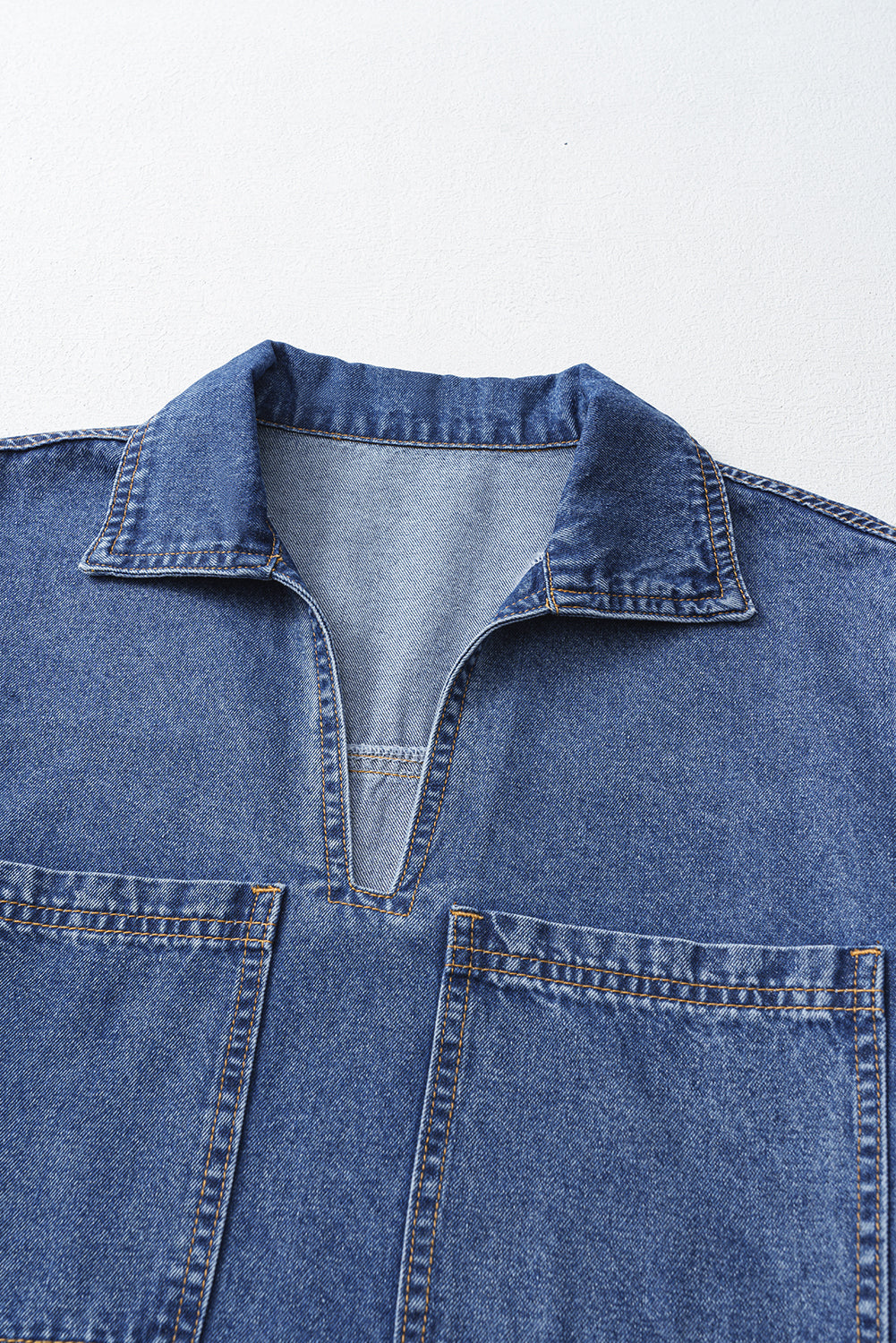 Blue Short Sleeve Collared Patched Pocket Denim Mini Dress eAura