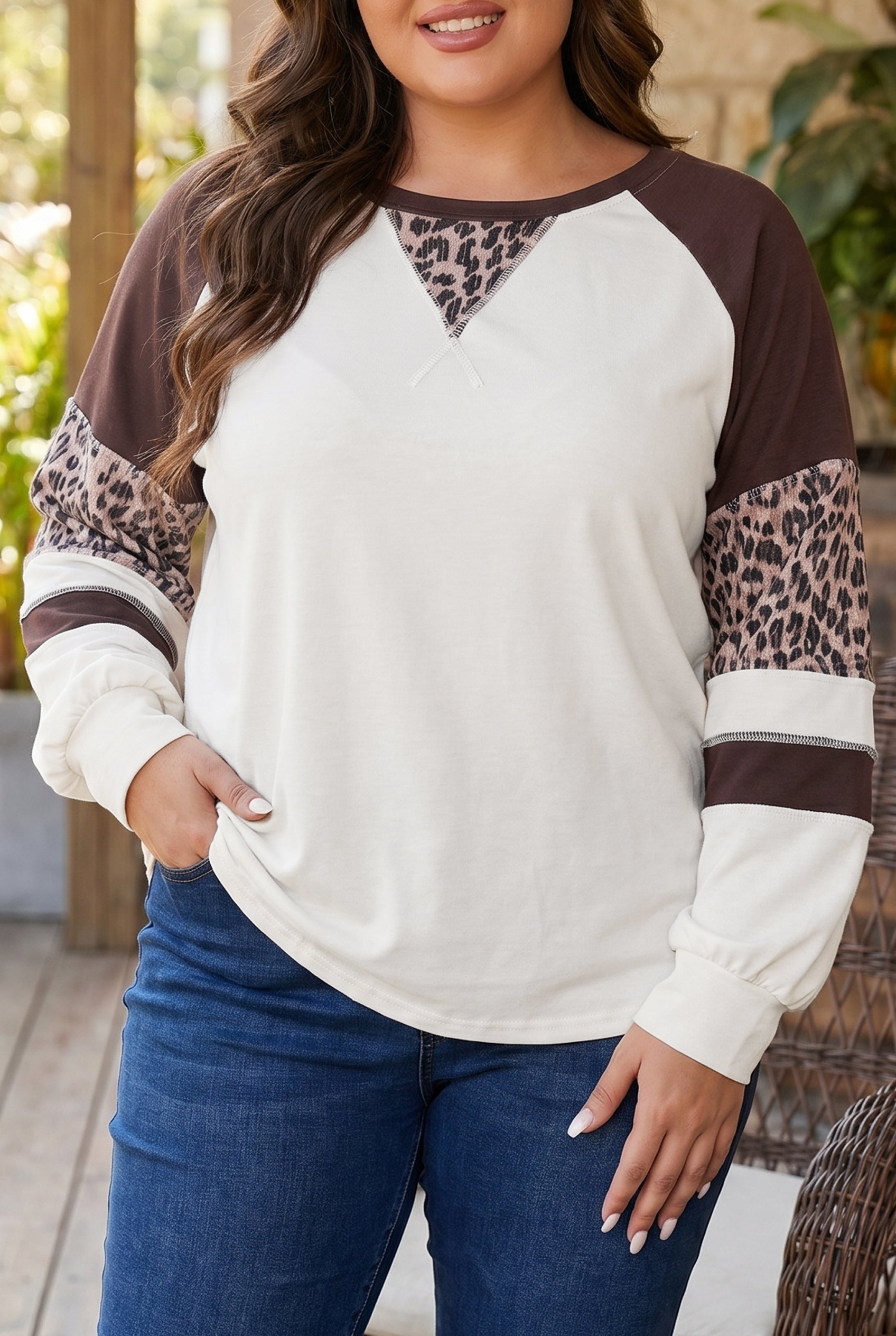 Leopard Print Colorblock Round Neck Long Sleeve Plus Size Blouse – Beige