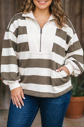 Plus Size Half Zipped Casual Sweatshirt – Green Stripe