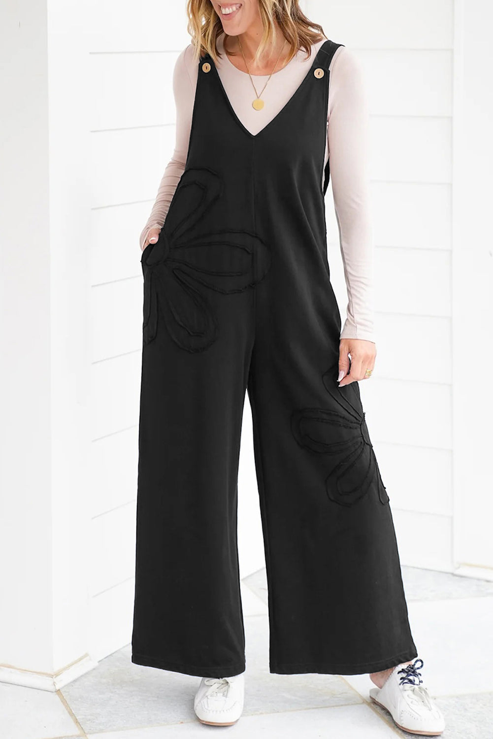 Raw Seam Big Flower Patched Loose Overall Jumpsuit - eAura