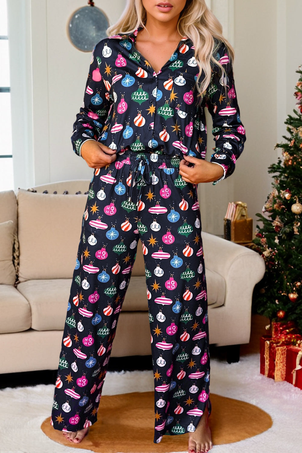 Navy Christmas Lights Print Shirt Pyjama Set eAura