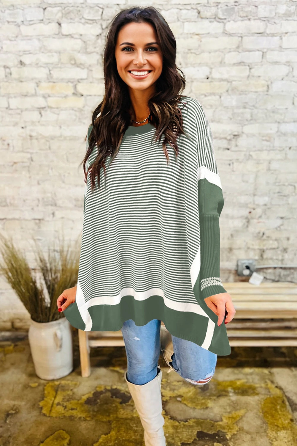 Striped Dolman Oversize Tunic Sweater - eAura