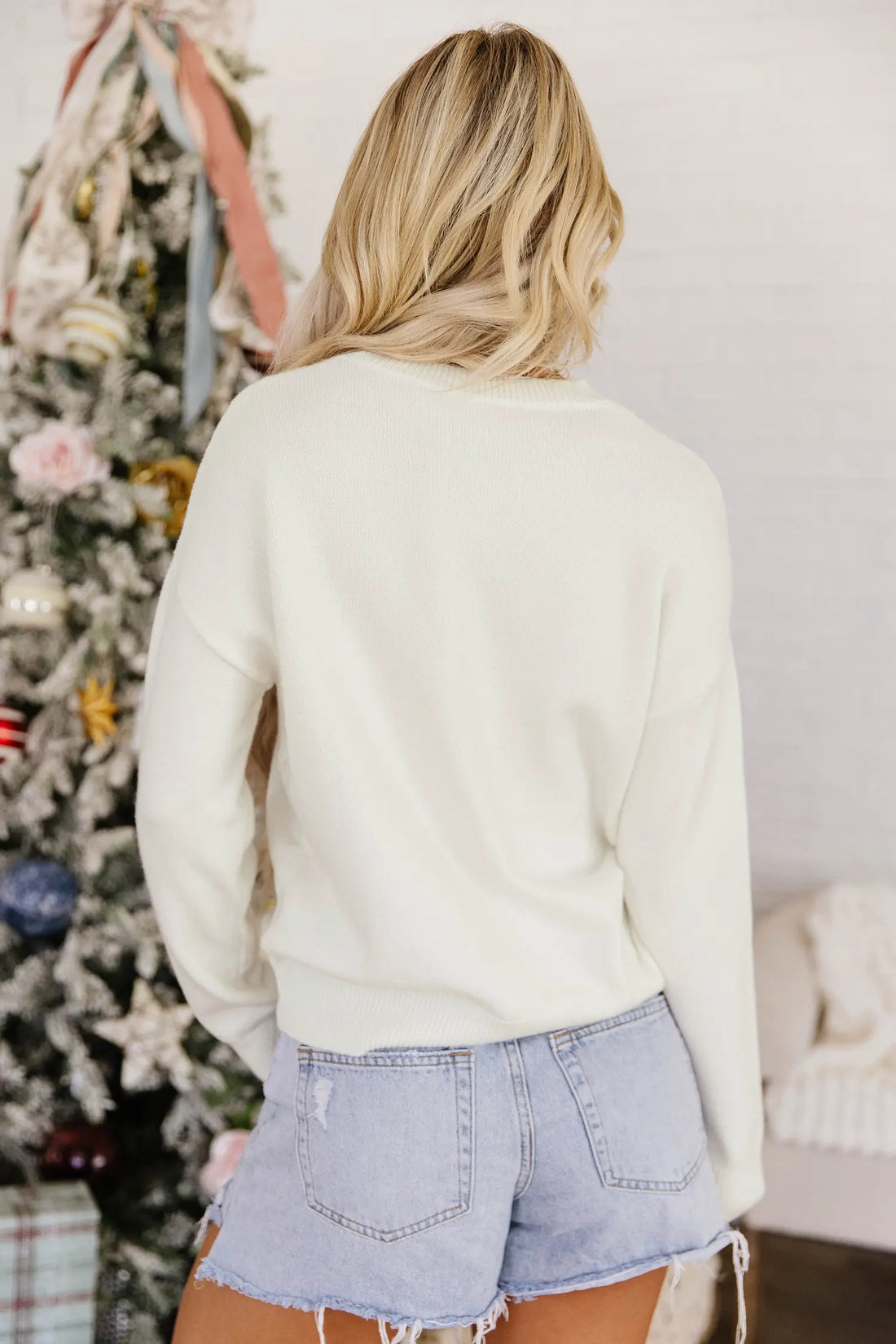 Christmas Tree Bow Drop Shoulder Knit Sweater