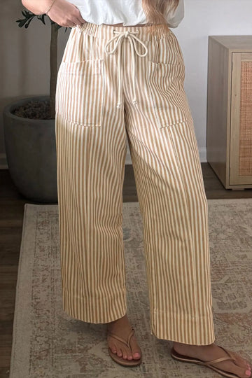 Ribbon Drawstring Waist Full-Length Shift Pant – Apricot Stripe
