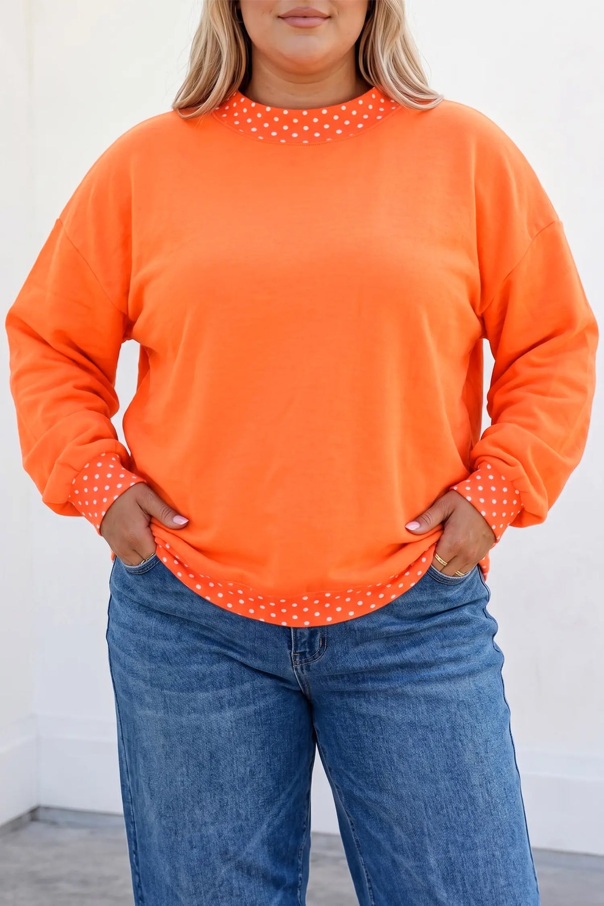 Polka Dot Patchwork Round Neck Plus Size Sweatshirt – Racing Red