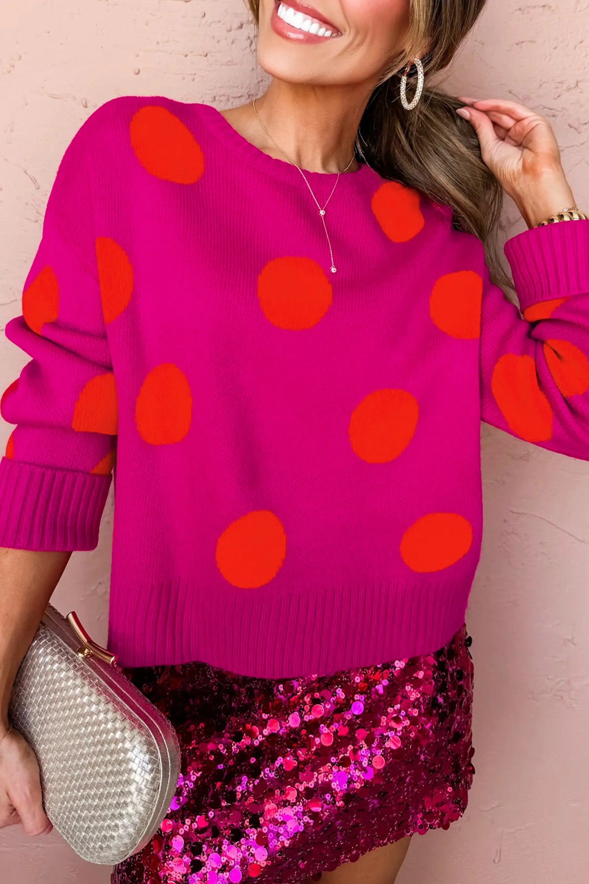 Playful Cozy Polka Dot Sweater – Strawberry Pink
