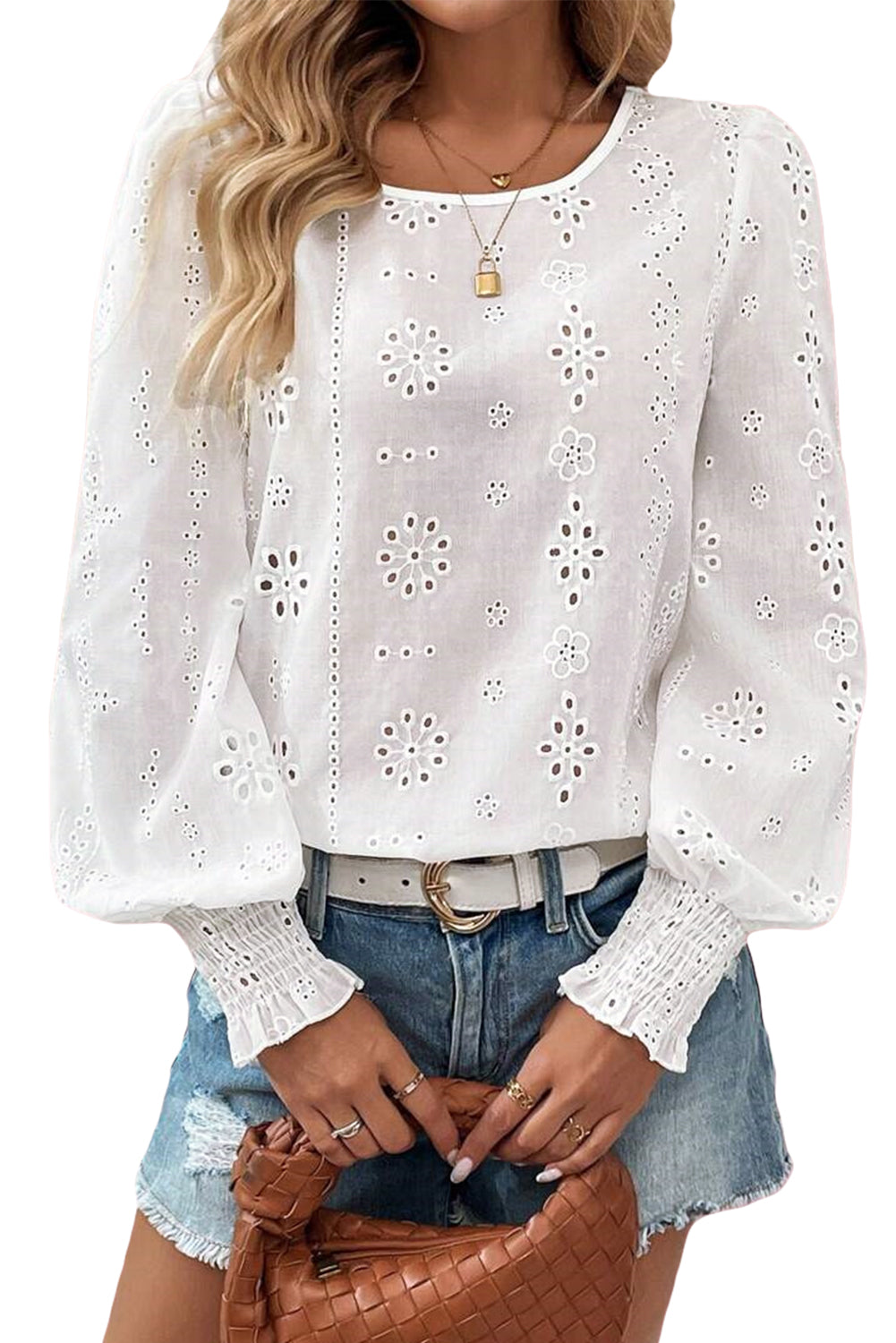 White Eyelet Embroidered Smocked Cuff Sheer Blouse eAura