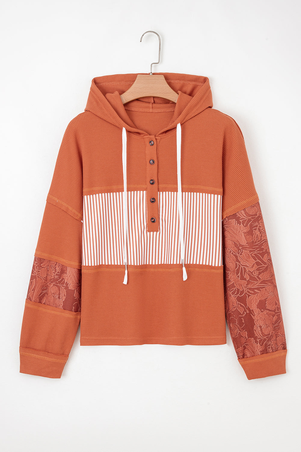Waffle Patchwork Drawstring Hooded Long Sleeve Top - eAura