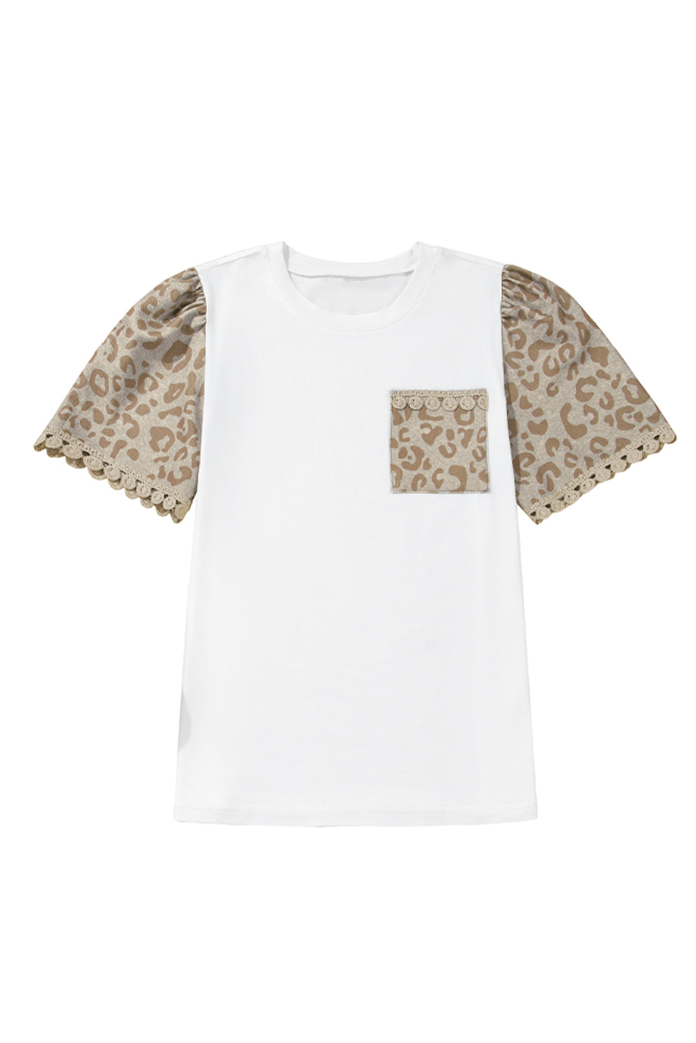 White Leopard Patchwork Crochet Lace Trim Puff Sleeve T Shirt eAura
