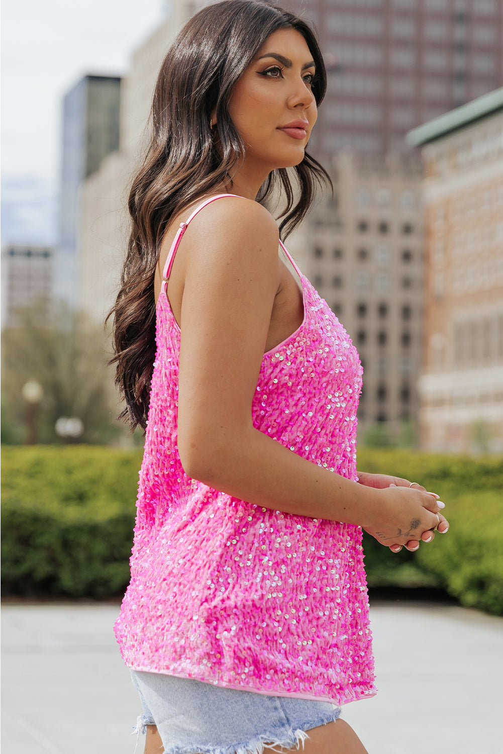 Pink Sequin Adjustable Straps Tank Top BB Fashion Outlet