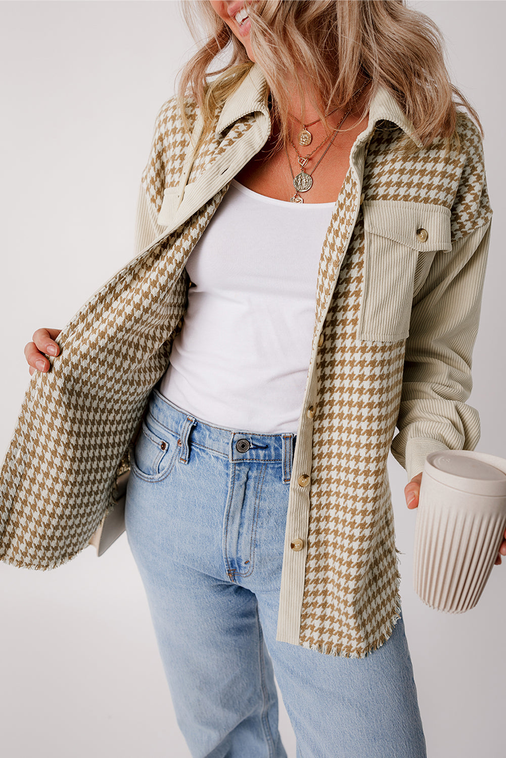 Parchment Houndstooth Corduroy Patchwork Flap Pocket Shacket Beagle Boutique Fashion Outlet