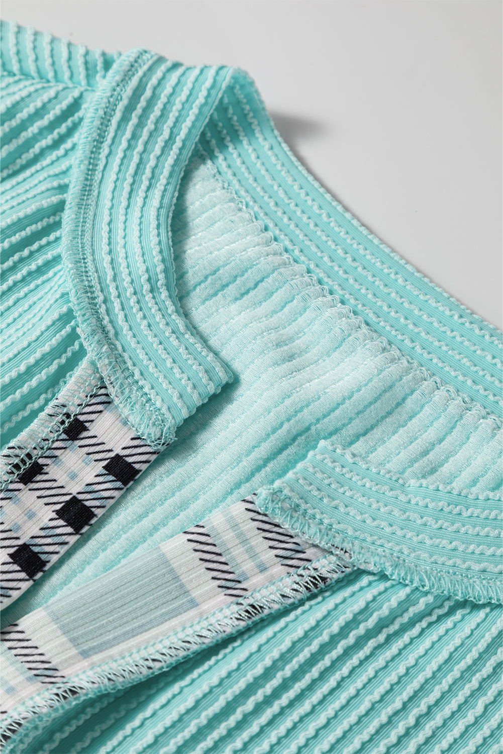 Soft Corded Texture Patchwork Split Neck Long Sleeve Top - eAura