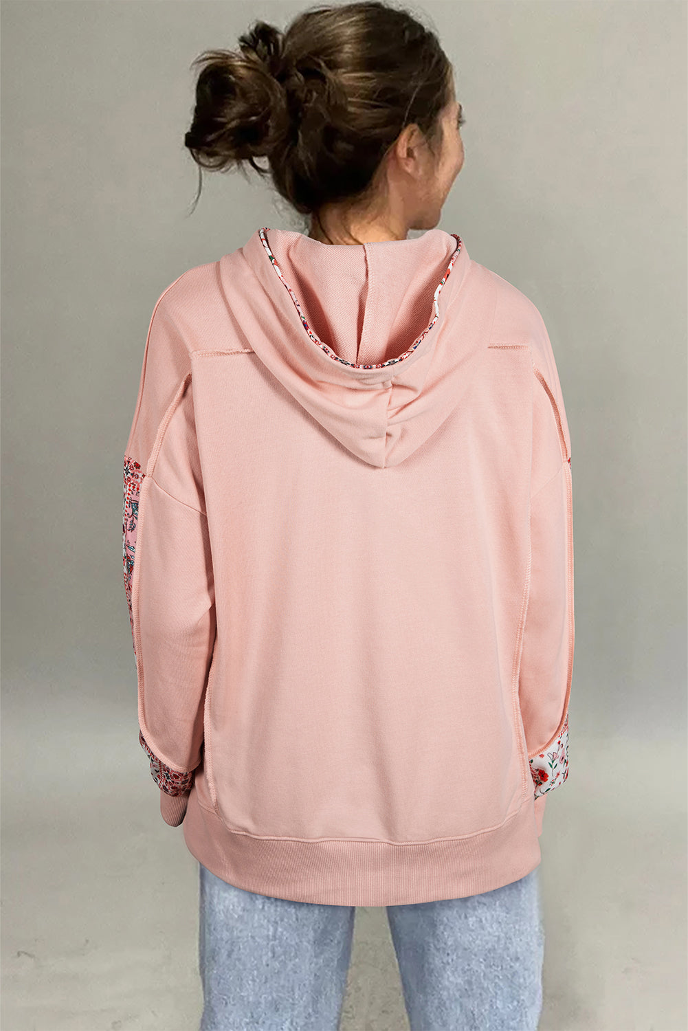 Mix Floral Patchwork Side Slit Drawstring Hoodie eAura