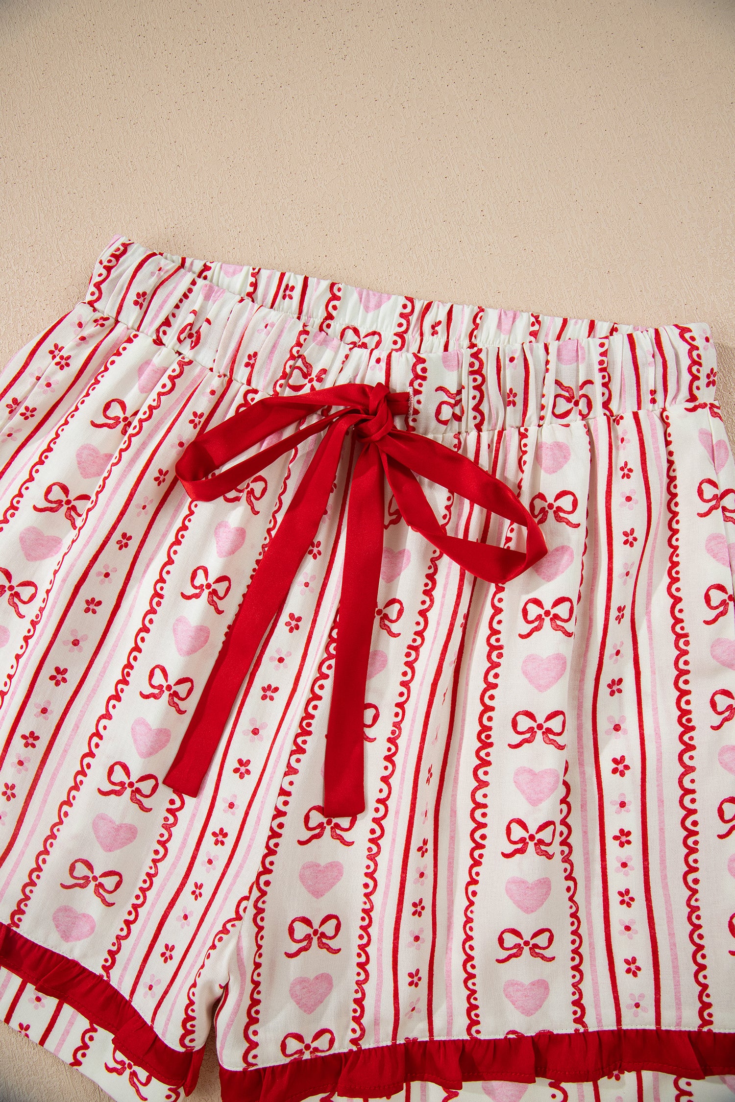 Sweet Floral Heart Bow Print Contrast Trim Long Sleeve Shirt Pajama Short Set – Red