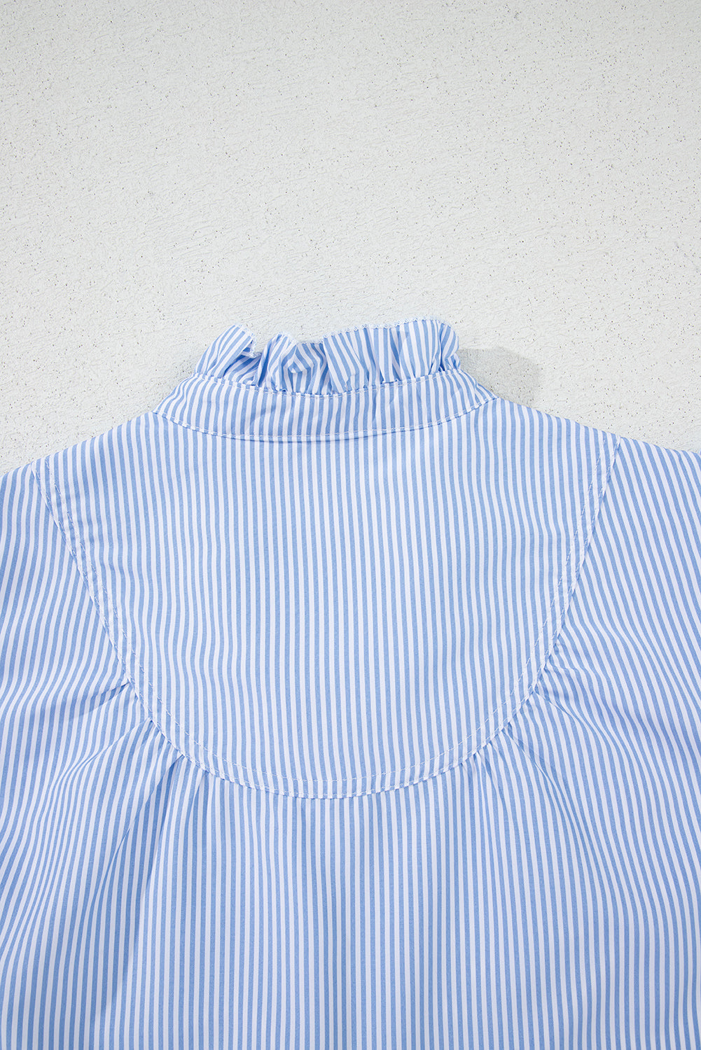 Blue Stripe Ruffled Collar Puff Sleeve Half Buttons Blouse eAura