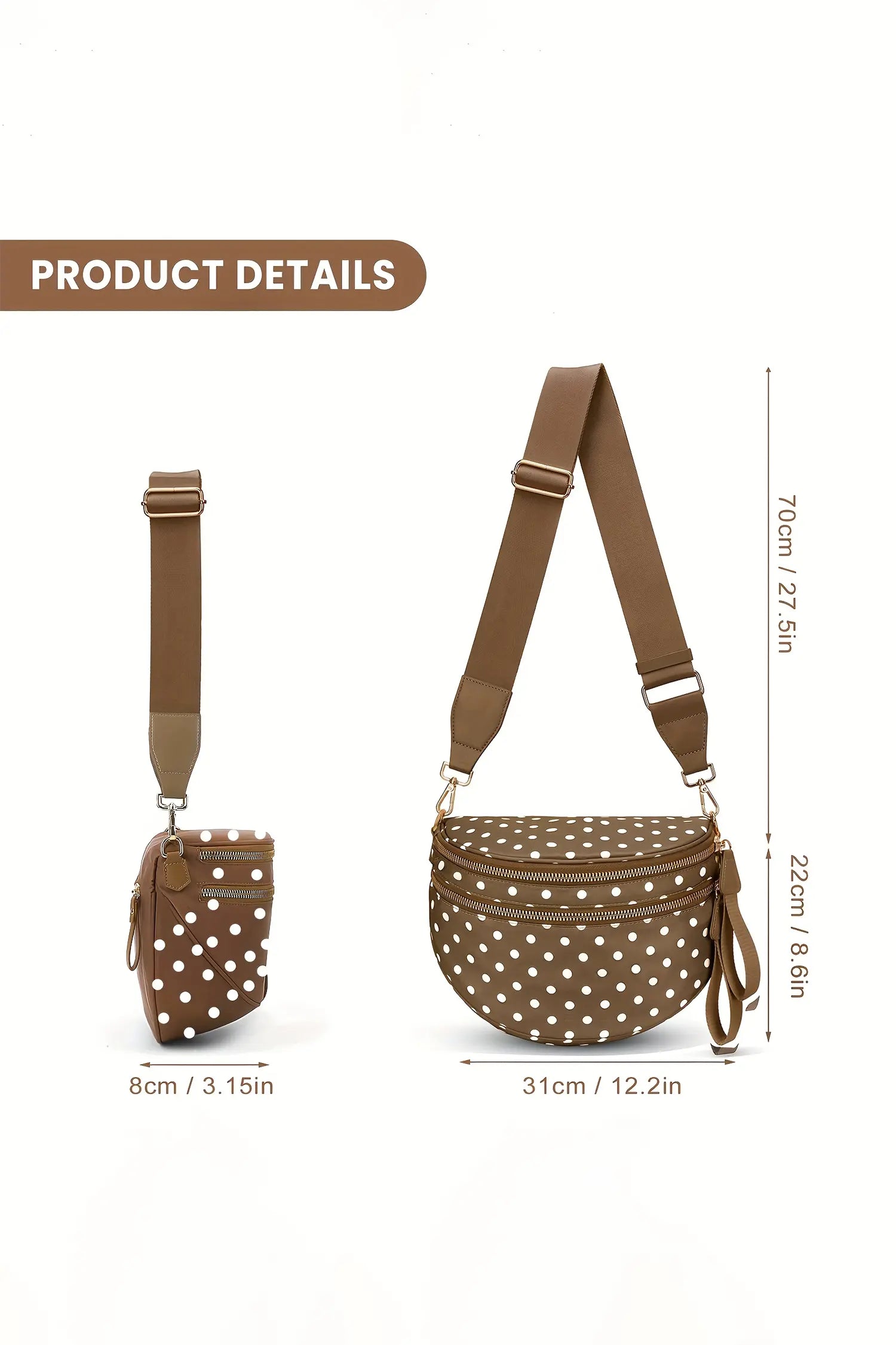 Camel Polka Dot Print Double Zip Fashion Crossbody Bag