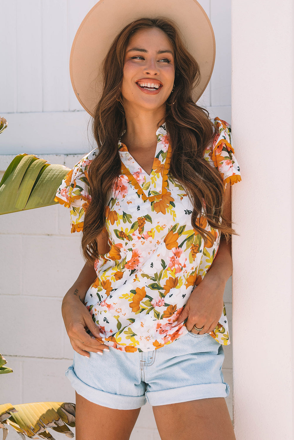 Russet Orange Ruffled V Neck Scalloped Short Sleeve Floral Blouse eAura