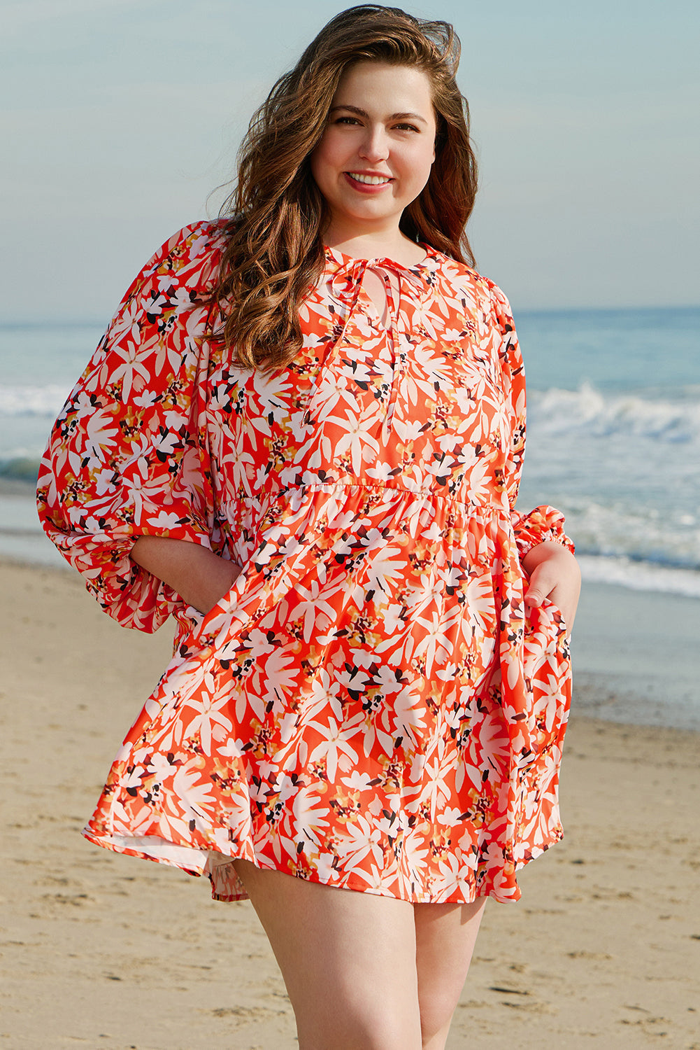 Orange Floral Print Split V Neck Bubble Sleeve Plus Size Midi Dress BB Fashion Outlet