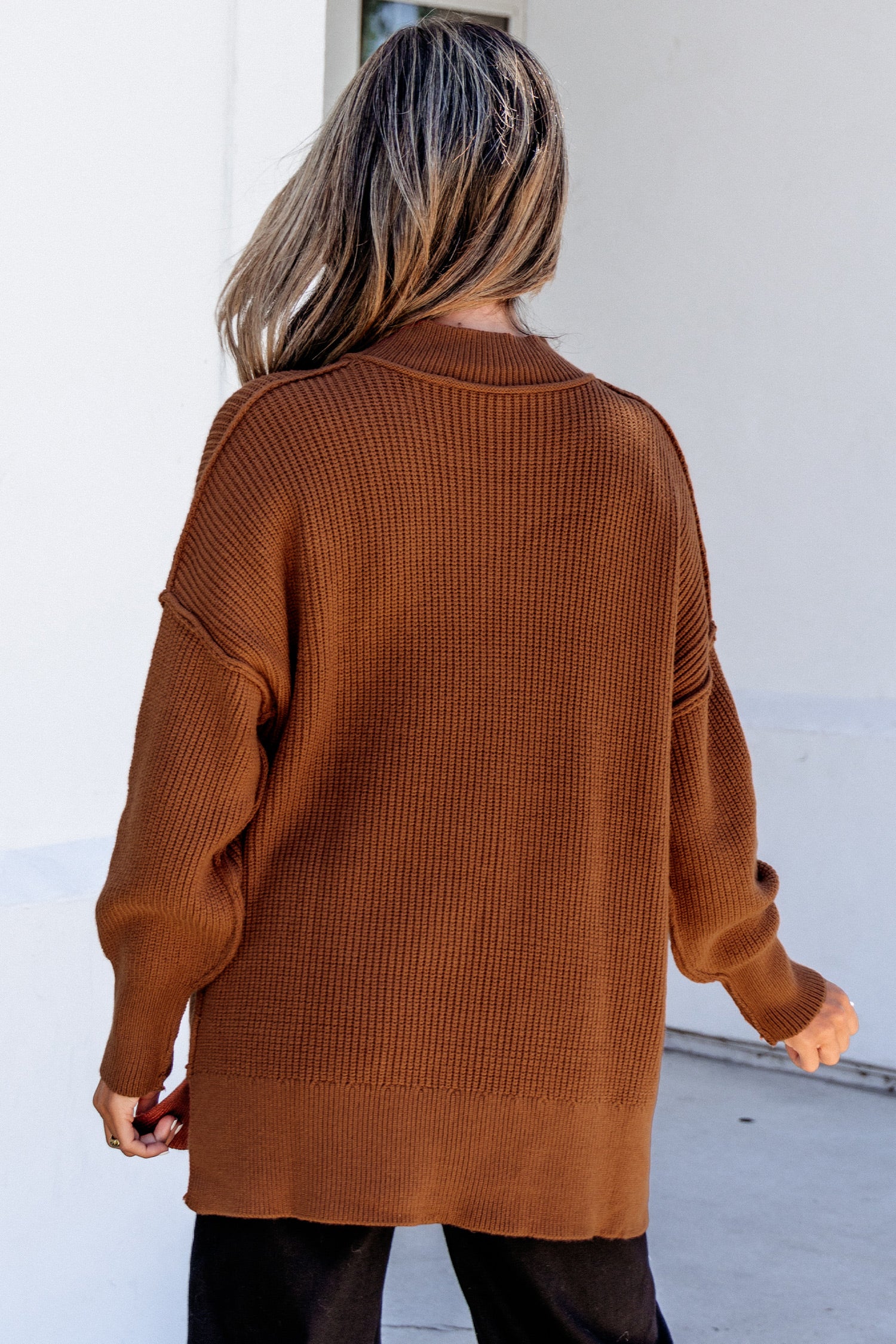 Long Sleeve Ribbed Knit Stand Neck Regular Fit Sweater – Chestnut