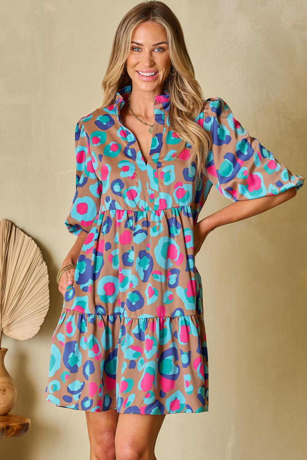 Green Leopard Print Bubble Sleeve Slit Neck Ruffled Dress eAura