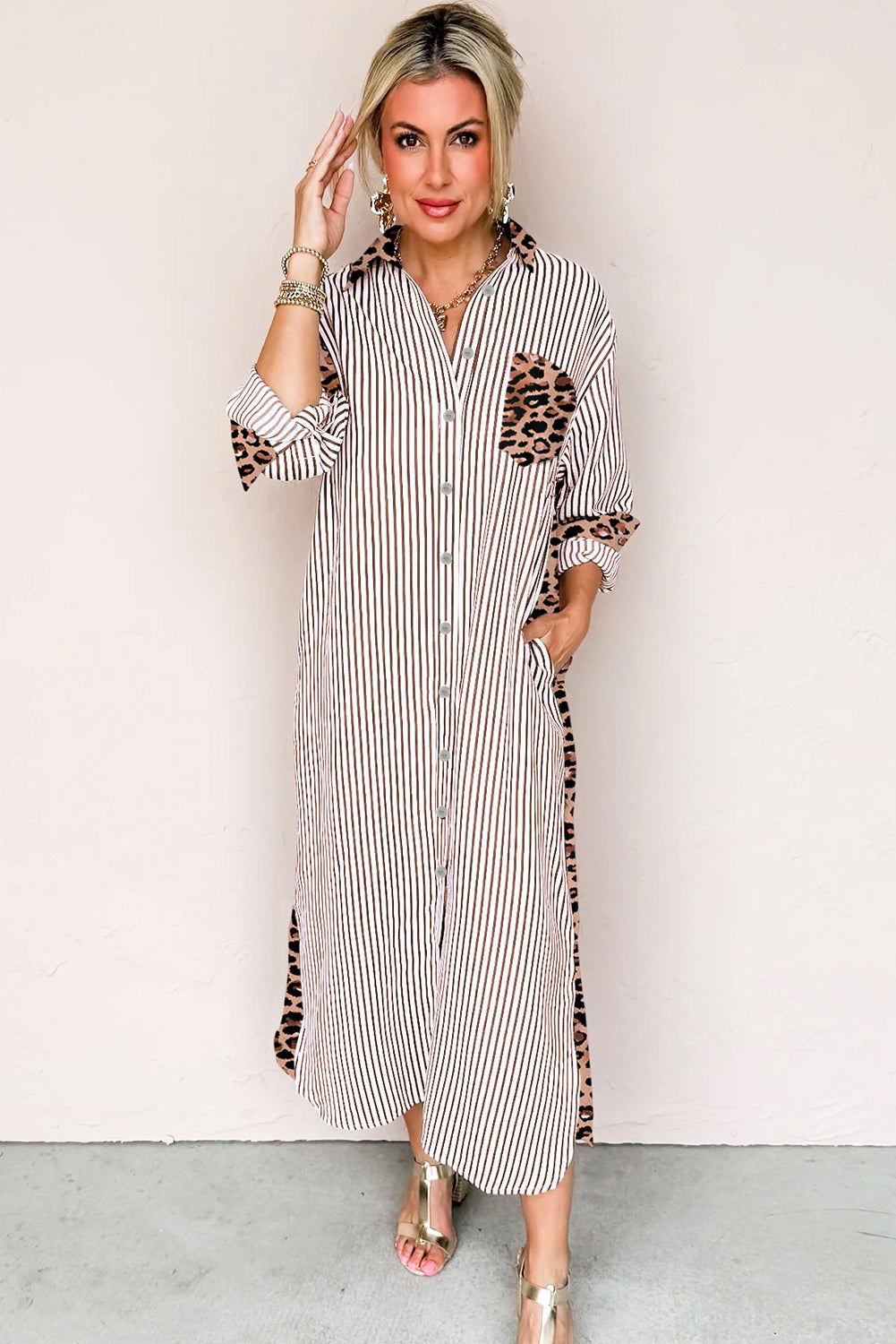 Stripe Contrast Leopard Patchwork Long Shirt Dress with Slits - eAura