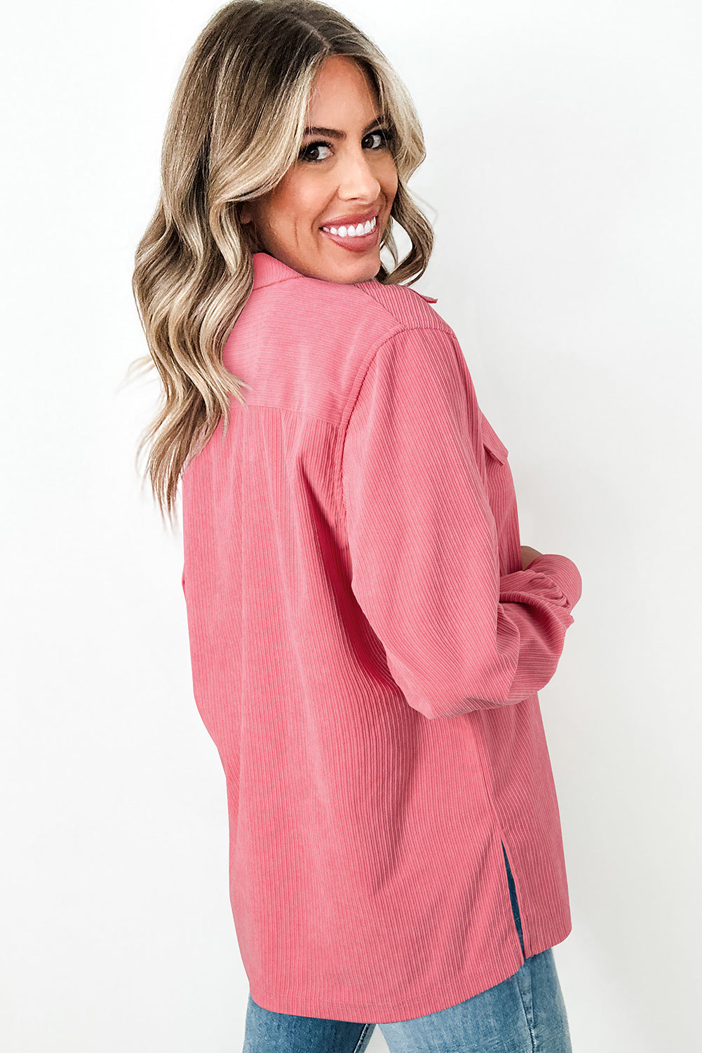 Bonbon Corduroy Flap Detail Button Up Split Shacket eAura