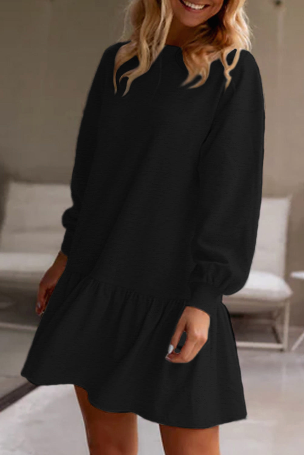 White Solid Colour Puff Sleeve Ruffle Hem Mini Dress eAura