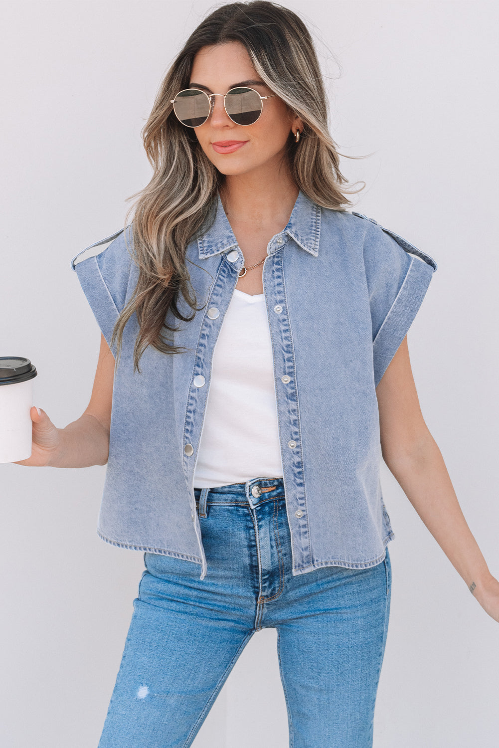 Dusk Blue Denim Pinup Folded Cap Sleeve Shirt eAura
