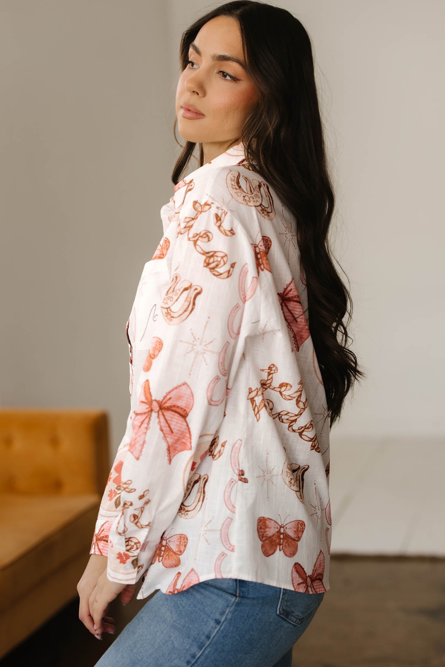 White Rodeo Cowgirl Print Western Button up Shirt - Tops/Blouses & Shirts