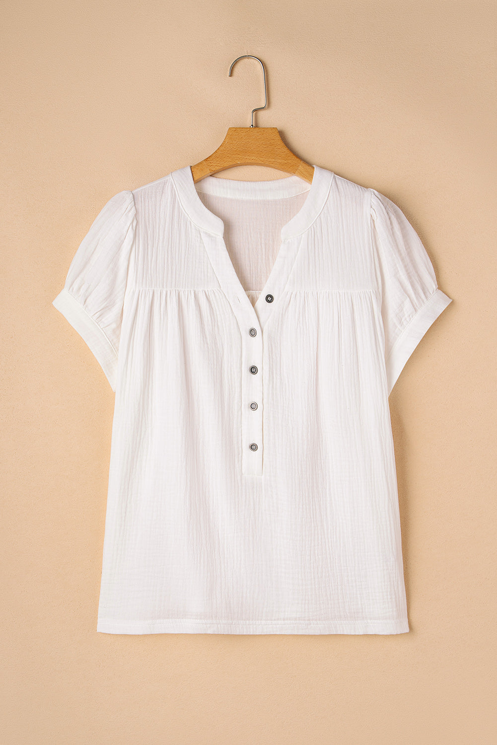 White Textured Short Sleeve Buttons Frayed Blouse eAura