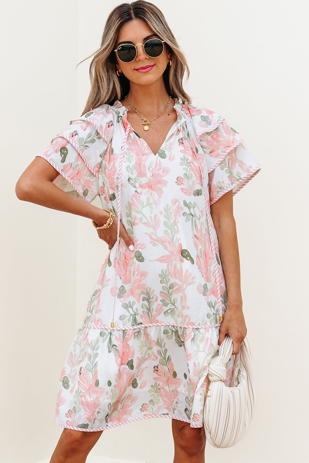 Floral Contrast Edge Layered Short Sleeve Mini Dress eAura