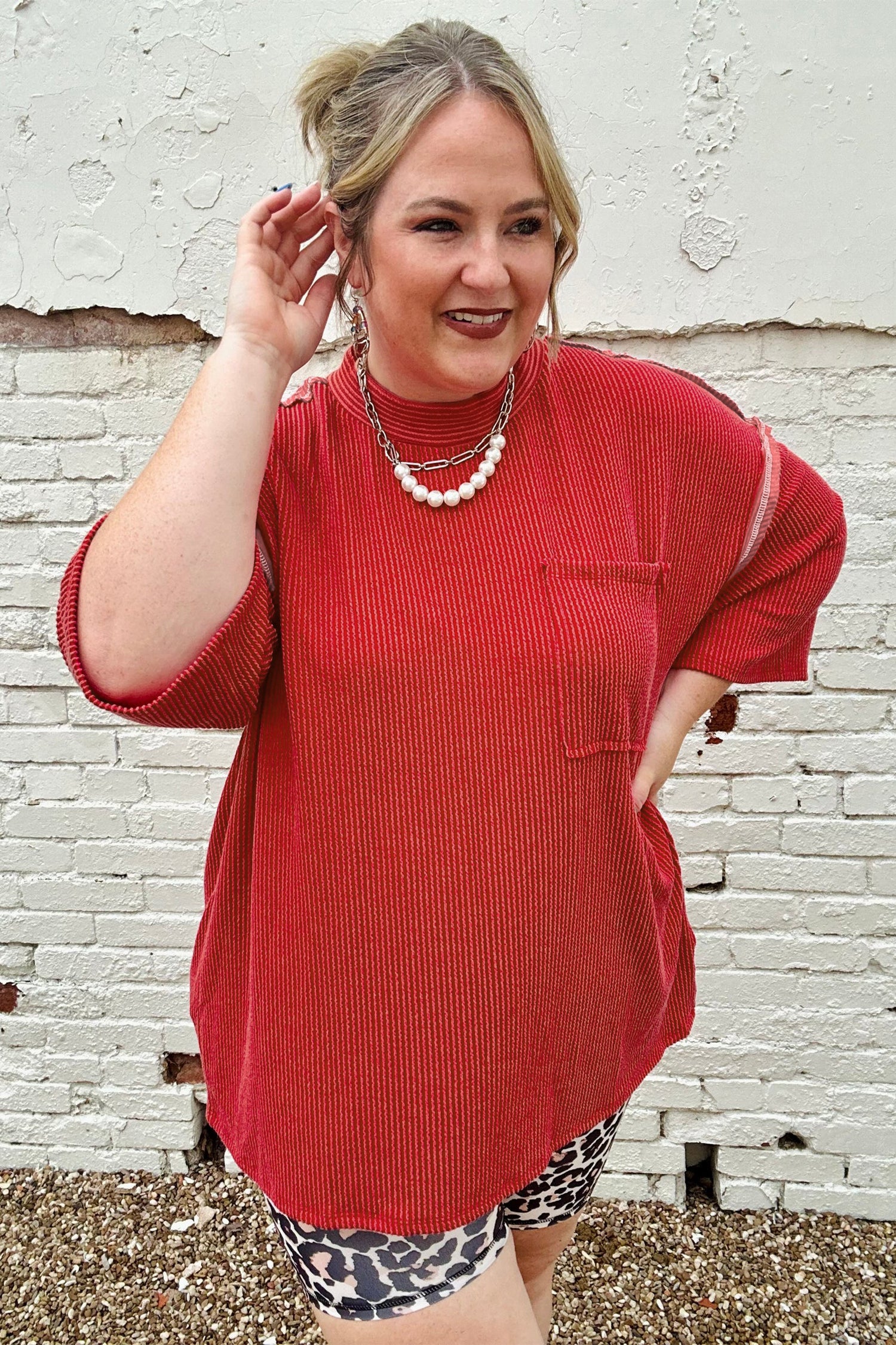 Twist Ribbed Tunic Round Neck Bracelet Sleeve Plus Size Blouse – Fiery Red